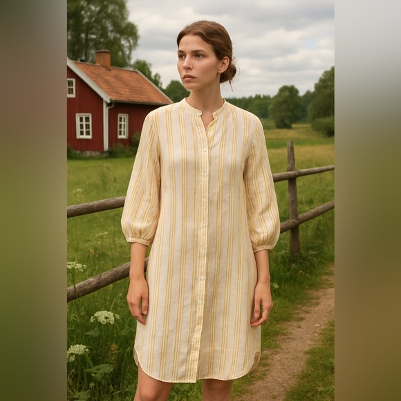 Joie Dresses & Skirts - Women's Yellow Stripe Button-Front Linen Dress